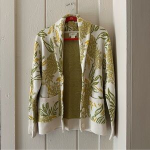 NEW ANTHROPOLOGIE MAEVE CROP GREEN/CREAM PRINT CARDIGAN SWEATER M